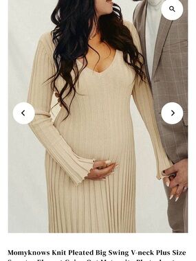 Mommyknows Ribbed V-Neck Long Sleeve Maxi Dress in Beige